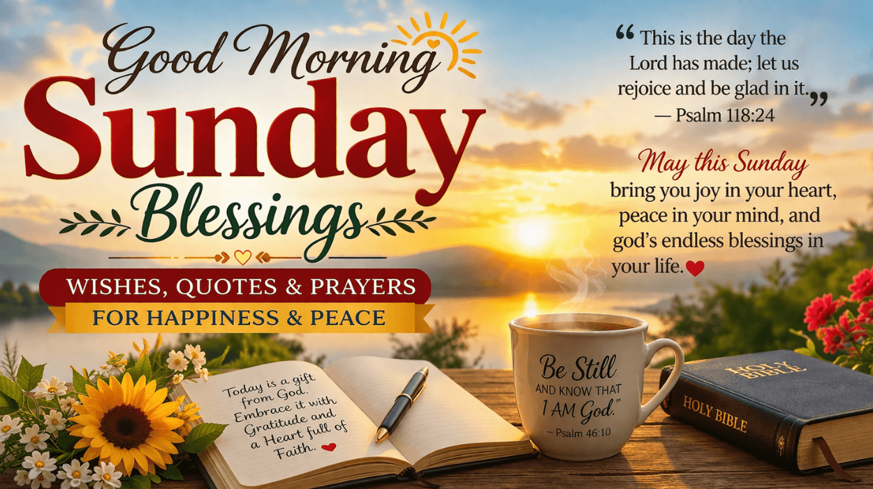 "Beautiful Good Morning Sunday blessings quote with morning sunlight background.