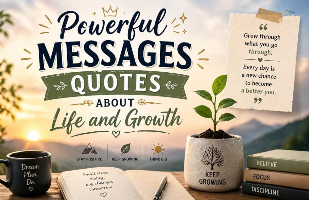 Inspirational image with plant and “Powerful Messages Quotes About Life and Growth”.