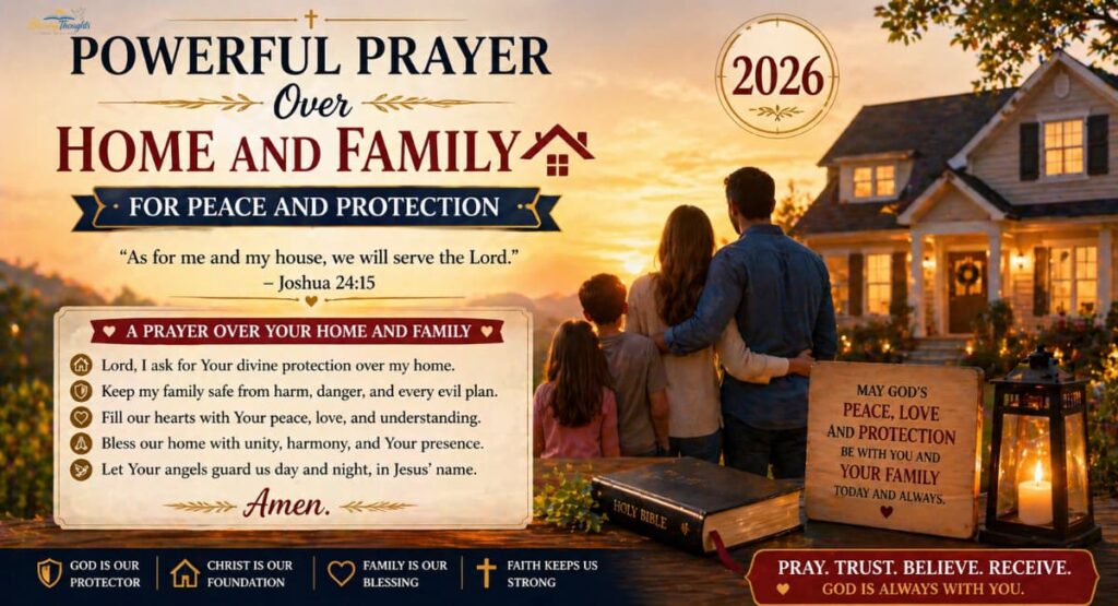 Family standing outside a home at sunset with a prayer for peace, protection, and blessings.