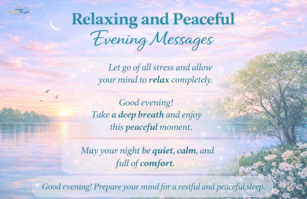 Relaxing and peaceful evening messages with a calm blue sunset and aesthetic nature background