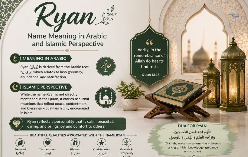 Ryan name meaning in Arabic and Islamic perspective with Quran, mosque background, lanterns, and green elegant design.