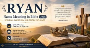 Ryan name meaning in Bible with cross, open Bible, crown, and spiritual quote on a golden sunrise background.