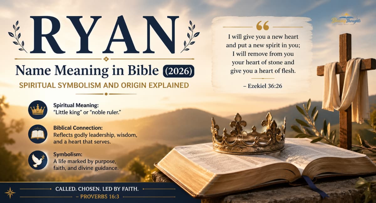 Ryan name meaning in Bible with cross, open Bible, crown, and spiritual quote on a golden sunrise background.