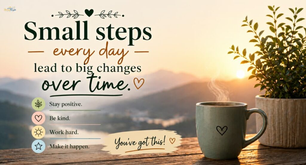 Inspirational quote graphic with sunrise background, coffee mug, and text about small daily steps leading to big changes.