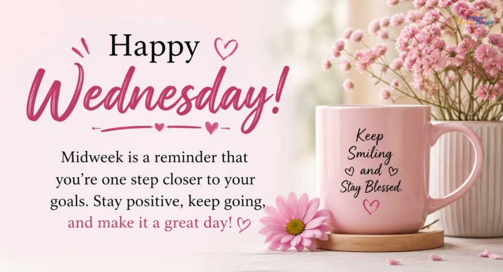Happy Wednesday pastel pink image with motivational quote about staying positive and reaching goals, featuring a coffee mug and flowers.
