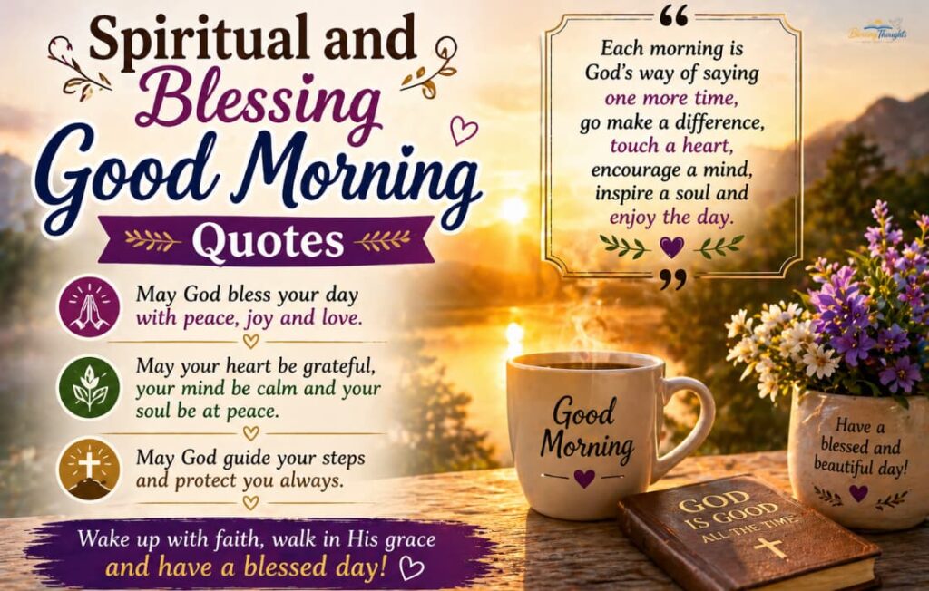 Spiritual and blessing good morning quotes image with sunrise, coffee mug, Bible, and inspirational message.