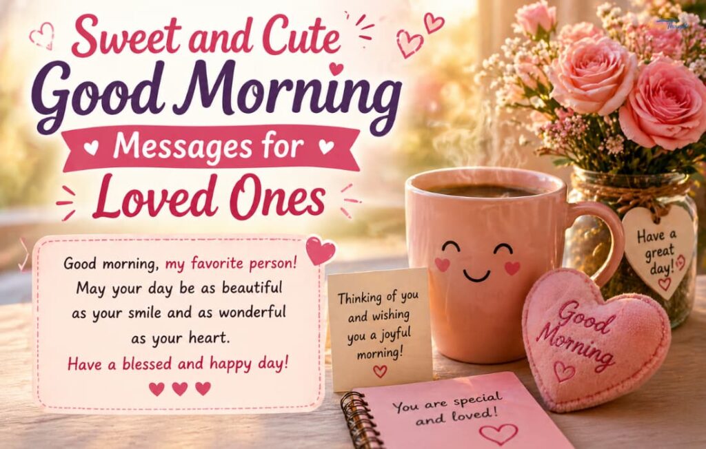 Sweet and cute good morning messages image with coffee mug, flowers, hearts, and romantic quote.