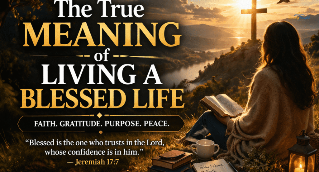 A peaceful person sitting in nature reflecting on the true meaning of a blessed life.