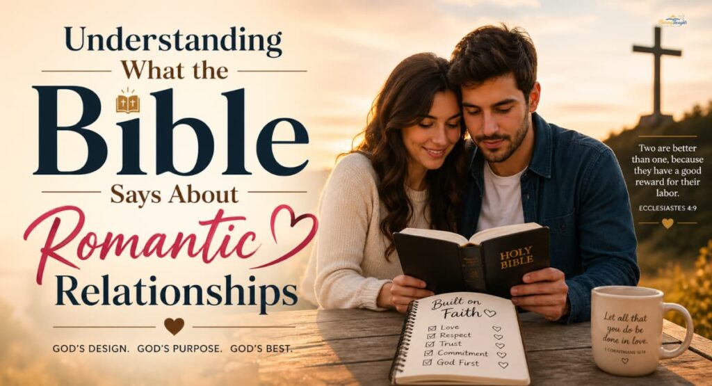 A romantic couple reading the Bible together at sunset, with a cross in the background and text about understanding what the Bible says about romantic relationships.