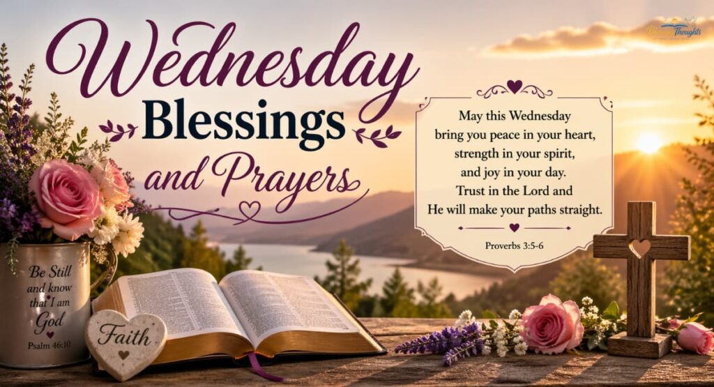 Wednesday Blessings and Prayers inspirational greeting card with sunrise background, Bible, flowers, and uplifting spiritual quote.