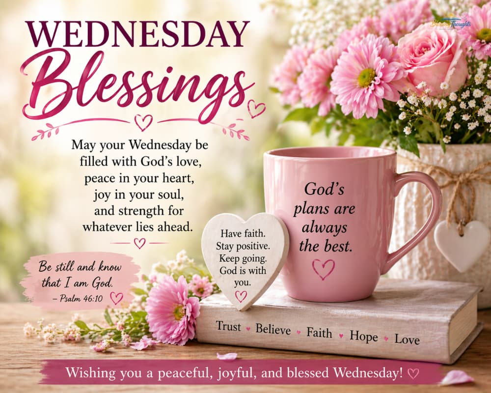 Wednesday blessings image with flowers, mug, and faith-based motivational quotes