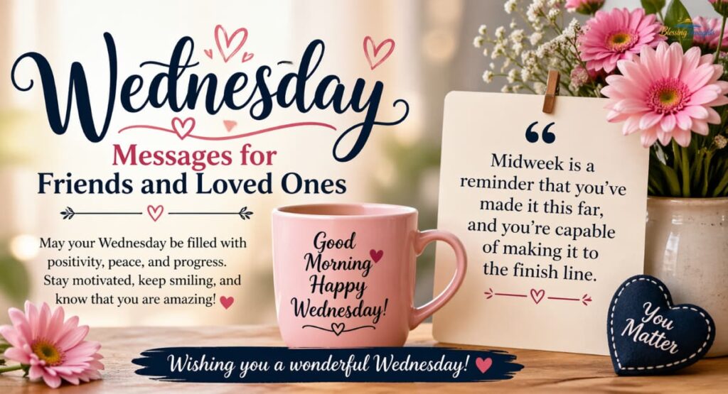 Wednesday Messages for Friends and Loved Ones inspirational greeting card design with quote, flowers, and warm cozy morning theme.