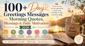 Day Greetings Messages image featuring a beautiful sunrise over a peaceful lake, a warm coffee mug, inspiring morning quote, and uplifting daily motivation theme with blessings, faith, gratitude, and positive thoughts for a fresh start to the day.