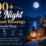 Peaceful good night wishes and prayers image with moonlight bedroom scene, Bible, lantern, flowers, and calming blessings for peaceful sleep.