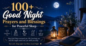Peaceful good night wishes and prayers image with moonlight bedroom scene, Bible, lantern, flowers, and calming blessings for peaceful sleep.