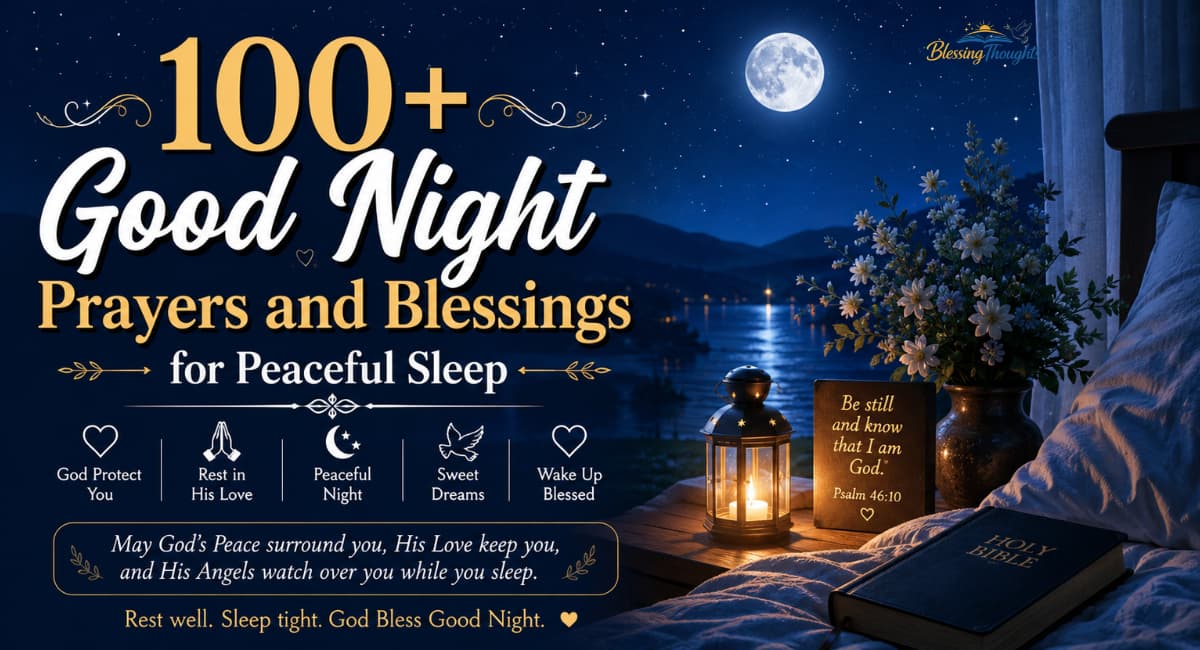 Peaceful good night wishes and prayers image with moonlight bedroom scene, Bible, lantern, flowers, and calming blessings for peaceful sleep.