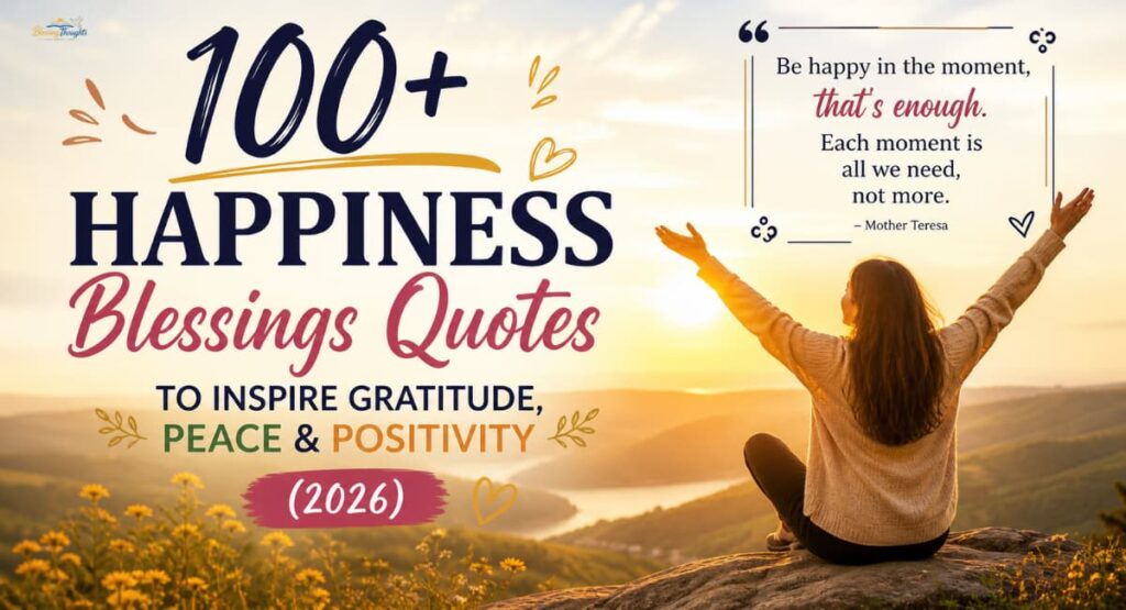 Happiness blessings quotes image with sunrise view and inspiring quote about gratitude, peace, and positivity.