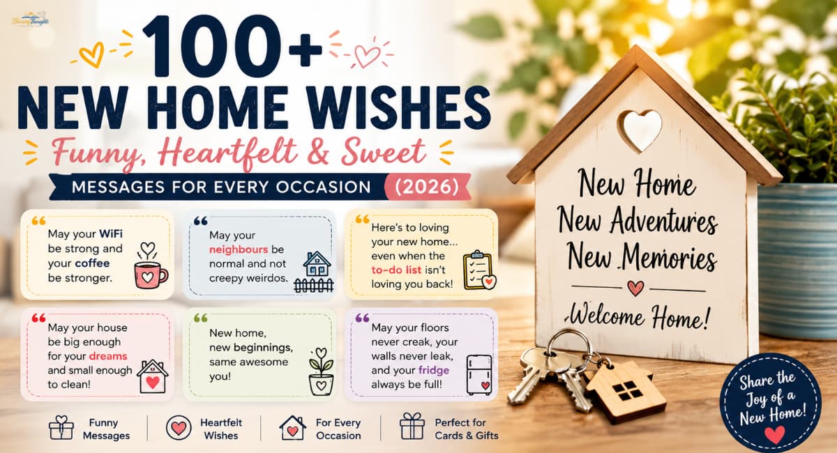 "A beautifully designed housewarming greeting card with a checklist of new home wishes funny, heartfelt, and sweet messages for 2026.