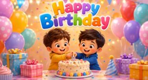 Beautiful celebration image with birthday cake, balloons, and colorful decorations featuring birthday wishes quotes for friends, family, and loved ones in 2026.