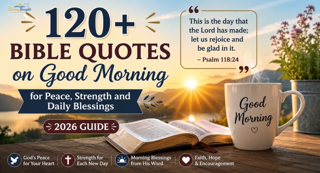 Beautiful sunrise image with Bible quotes on good morning, open Bible, coffee mug, and peaceful daily blessings message.