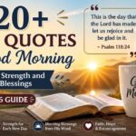 Beautiful sunrise image with Bible quotes on good morning, open Bible, coffee mug, and peaceful daily blessings message.