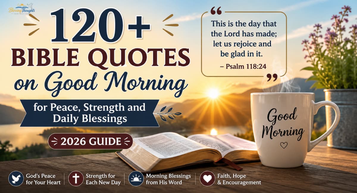 Beautiful sunrise image with Bible quotes on good morning, open Bible, coffee mug, and peaceful daily blessings message.