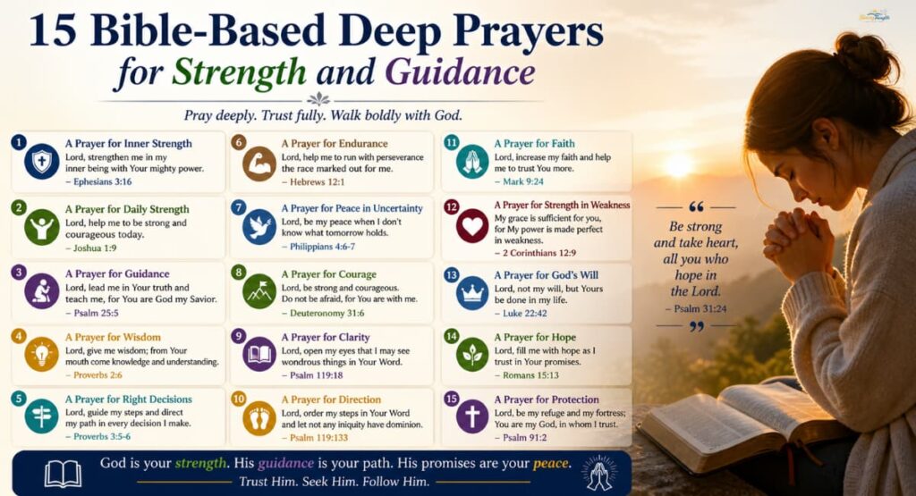 15 Bible-based deep prayers for strength and guidance with peaceful spiritual background and uplifting light.