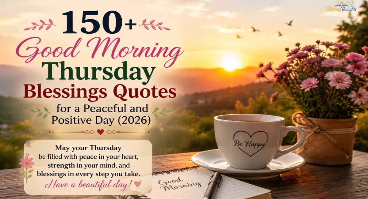 Good Morning Thursday blessings quotes image with peaceful sunrise, positive vibes, inspirational messages, flowers, and spiritual morning energy.