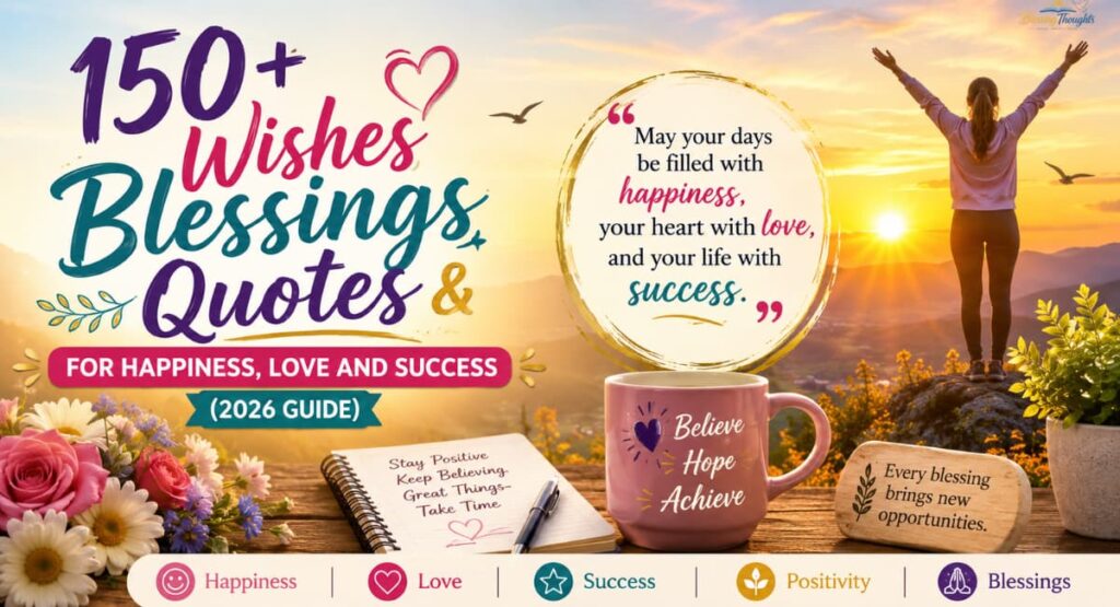 Beautiful colorful banner featuring wishes blessings quotes for happiness, love, and success with a sunrise background and an inspirational quote creating a positive and uplifting vibe.