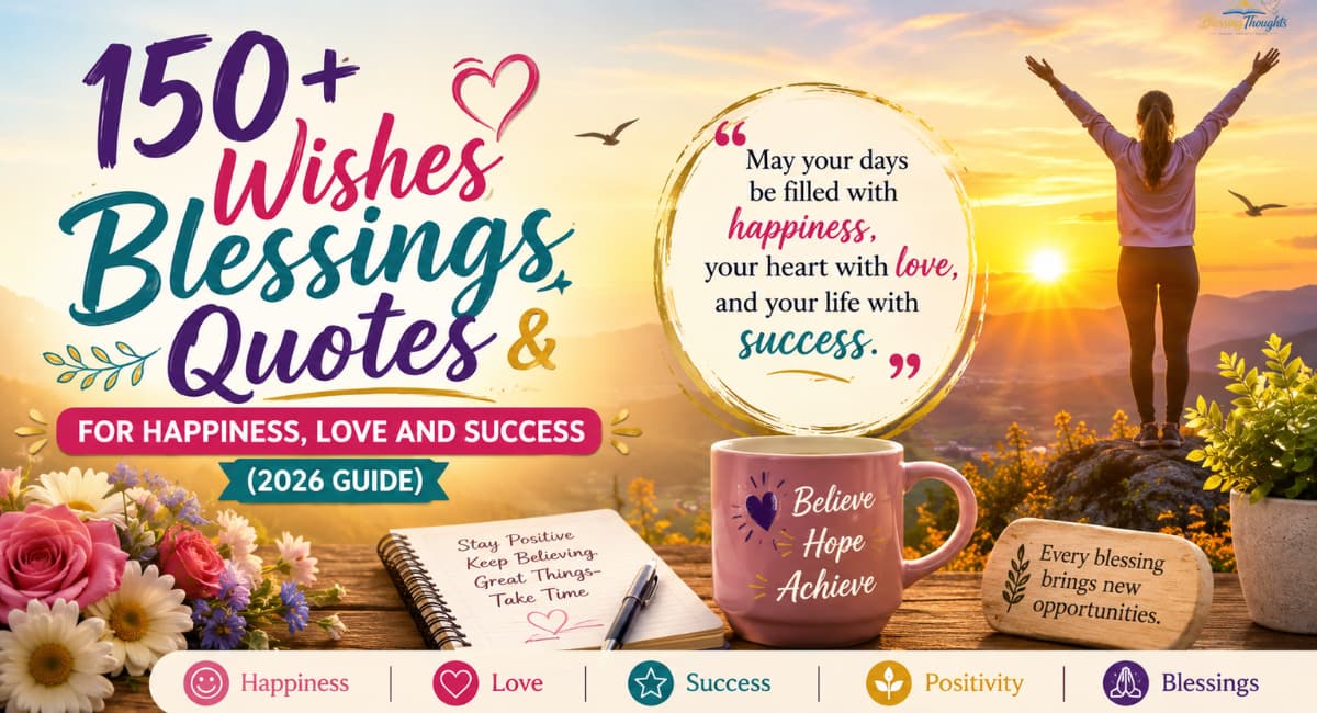Beautiful colorful banner featuring wishes blessings quotes for happiness, love, and success with a sunrise background and an inspirational quote creating a positive and uplifting vibe.