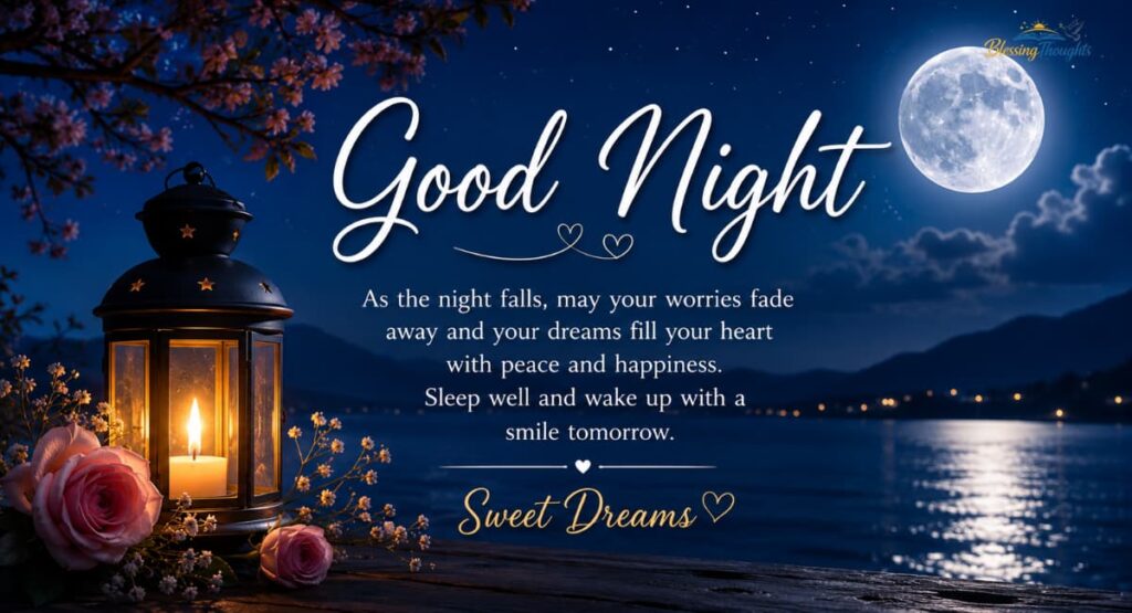 Beautiful good night image with a glowing lantern, pink roses, full moon, and peaceful lake under a starry night sky. Elegant “Good Night” text with a calming inspirational quote and “Sweet Dreams” message.A serene and romantic good night image featuring a bright full moon shining over a calm lake surrounded by mountains. On the left side, a glowing lantern and soft pink roses create a warm and cozy atmosphere. The night sky is filled with stars and flowering branches, adding a dreamy touch. In the center, stylish typography displays the words “Good Night” along with a peaceful quote wishing happiness, sweet dreams, and a relaxing sleep.