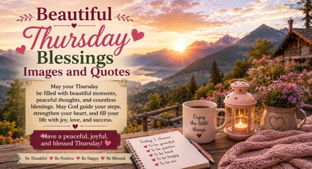 Positive Good Morning Thursday blessings quotes with uplifting sunrise, inspirational thoughts, peaceful nature background, and motivational morning vibes.