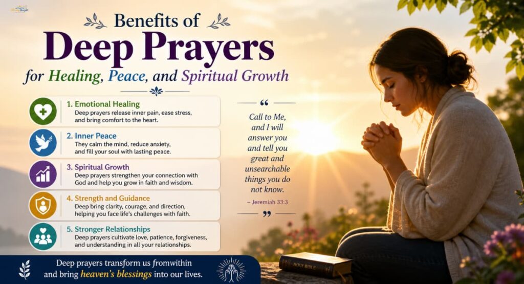 Deep prayers for healing, peace, and spiritual growth with calm spiritual light and positive energy.