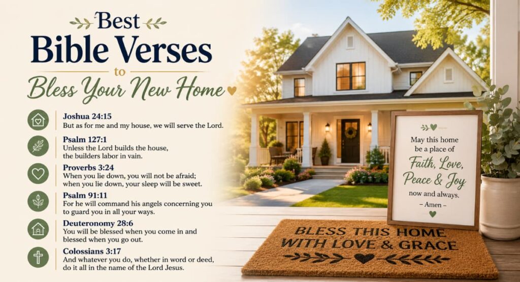 Beautiful Christian home blessing image featuring a modern white house with inspiring Bible verses to bless your new home, including Joshua 24:15 and Psalm 127:1, in warm elegant colors.