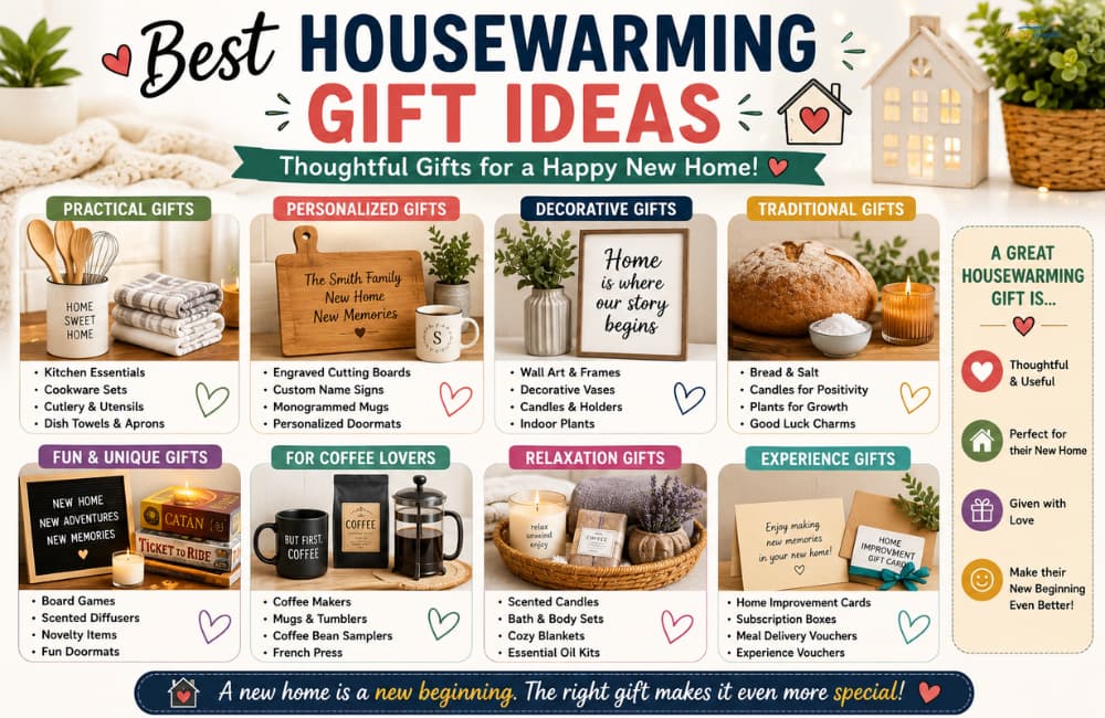 A beautifully wrapped gift box with a ribbon, surrounded by home decor items and a card featuring new home wishes funny jokes and best housewarming gift ideas