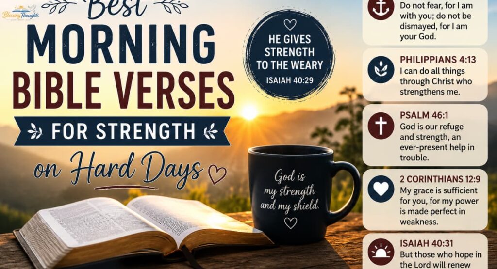 Best morning Bible verses for strength on hard days image with sunrise, open Bible, coffee mug, and inspirational Scriptures for peace and encouragement.
