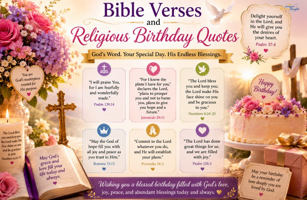 Happy birthday blessings image with Bible verses, religious birthday quotes, flowers, cross, and birthday cake
