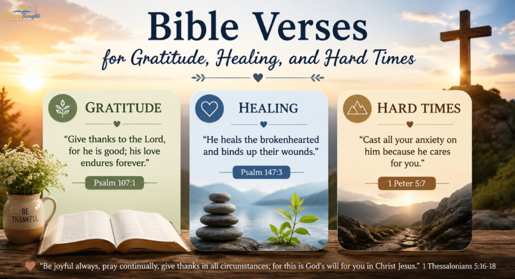 Bible verses for gratitude, healing, and hard times inspirational Christian poster with peaceful background and scripture quotes.
