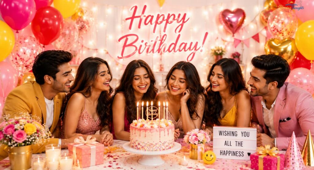 Birthday Well Wishes Quotes for Friends with colorful balloons, birthday cake, and joyful celebration vibes.