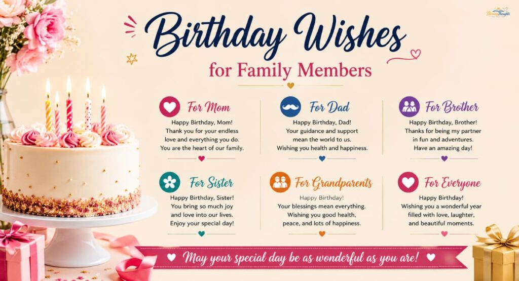 Special Happy Birthday Wishes for Family Members greeting card design with cake, gifts, and elegant festive decoration.
