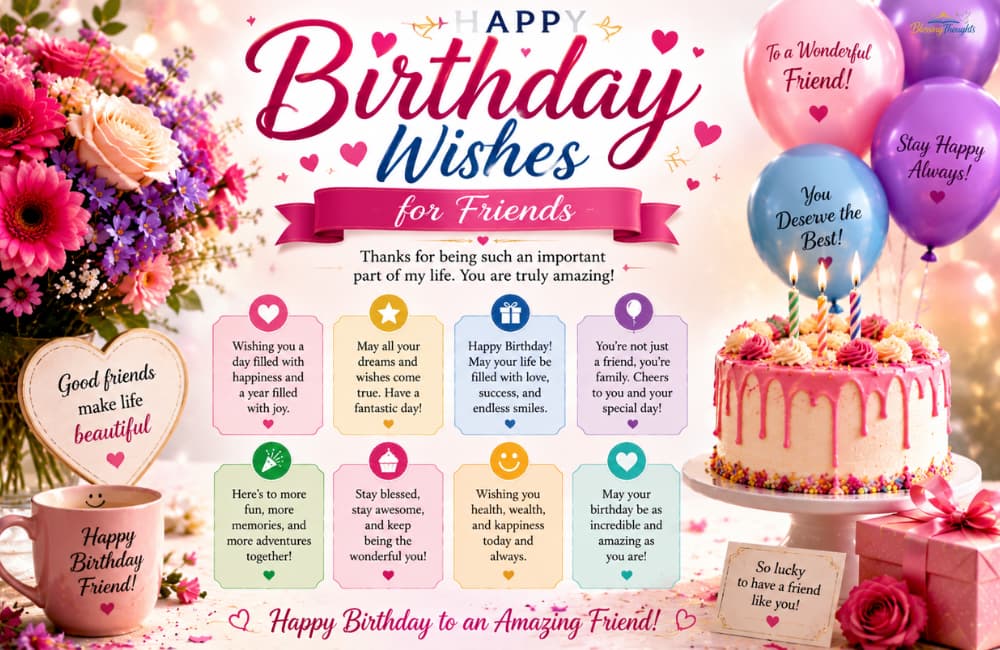 Birthday wishes for friends image with birthday cake, balloons, flowers, and cheerful friendship quotes