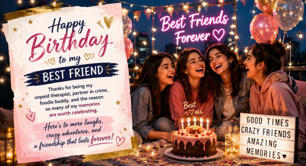 Colorful birthday party image with cake, balloons, and heartfelt birthday wishes quotes for best friends.
