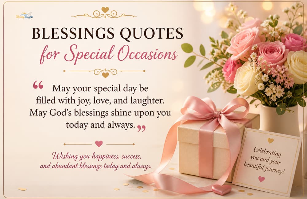 Blessings quotes for special occasions image with flowers, gift box, and a heartfelt message featuring happiness blessings quotes.
