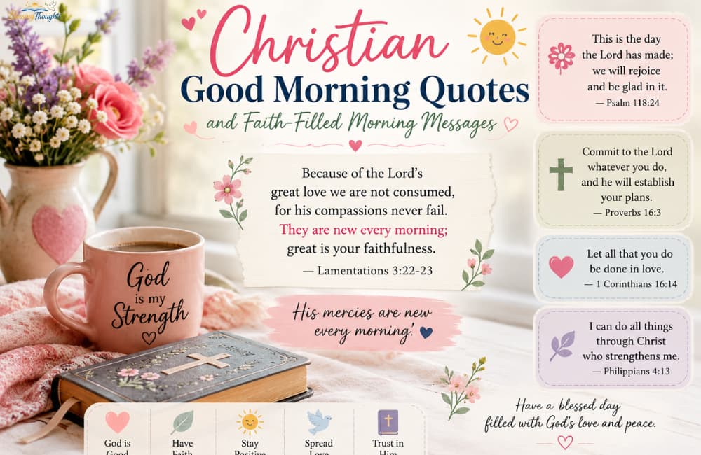 Christian Good Morning Quotes and Faith-Filled Morning Messages image featuring a cozy Bible, floral arrangement, warm coffee mug, Christian scriptures, cross symbols, and inspirational morning blessings in a soft pastel devotional setting.