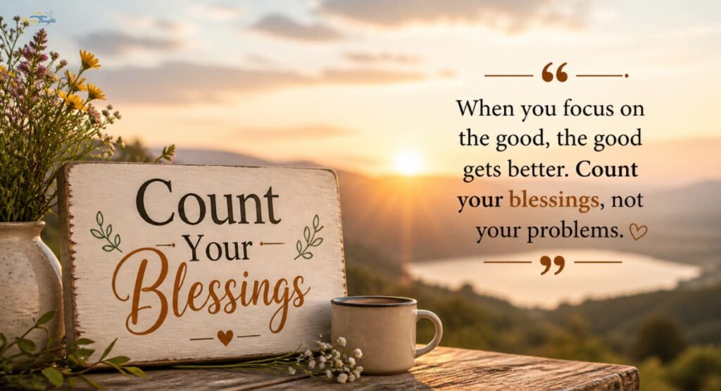A serene sunrise landscape with a rustic wooden sign reading “Count Your Blessings” beside a coffee cup and flowers, featuring a happiness blessings quote about gratitude and focusing on the good in life.