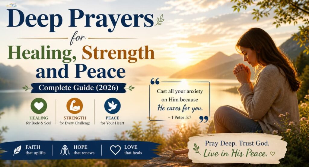 Deep prayers for healing, strength and peace with inspirational quote and calm nature background