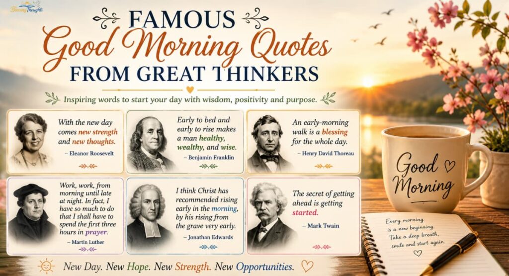 Famous Good Morning Quotes from Great Thinkers image featuring a beautiful sunrise, coffee mug, notebook, and inspiring morning wisdom from renowned thinkers including Eleanor Roosevelt, Benjamin Franklin, Henry David Thoreau, Martin Luther, Jonathan Edwards, and Mark Twain.