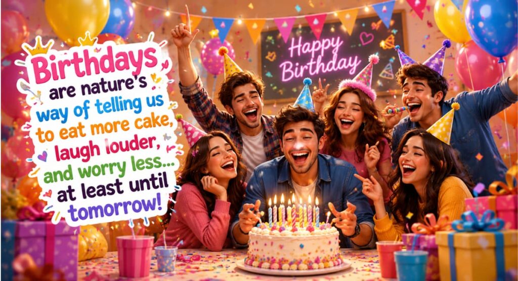 Funny birthday celebration image with balloons, cake, confetti, and humorous birthday wishes quotes for friends and family.