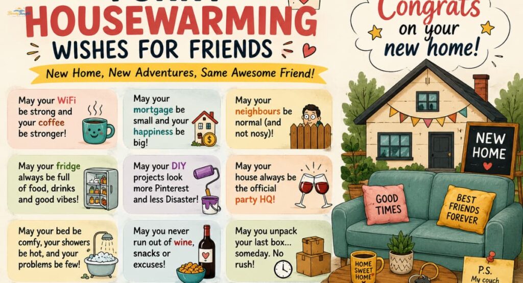 A cozy living room setup with a greeting card featuring funny housewarming wishes for friends and sweet messages for a new house."