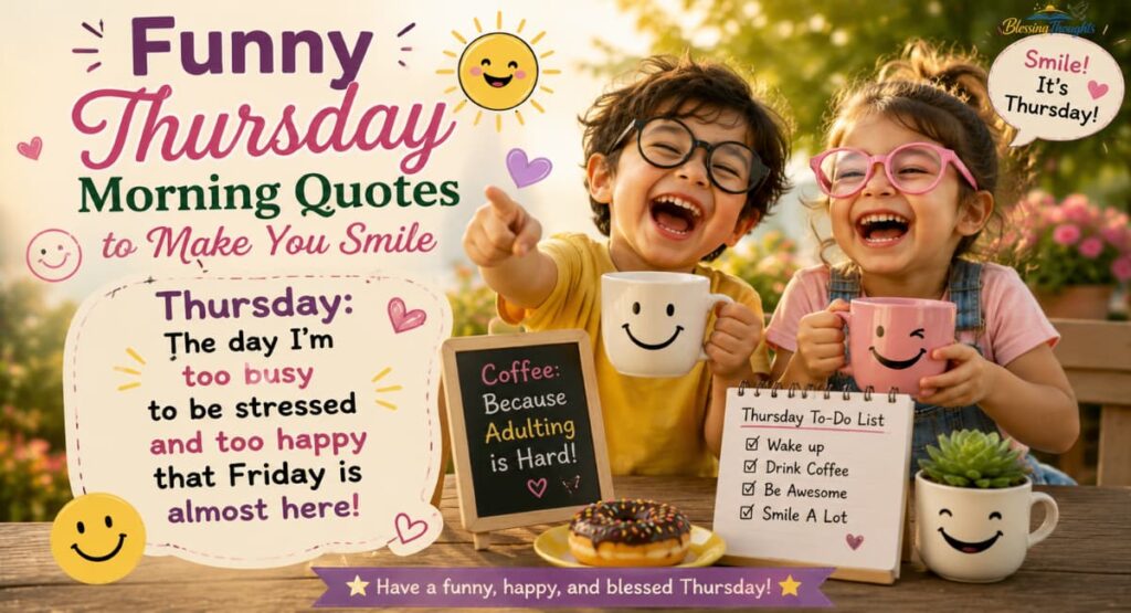 Funny Thursday morning quotes to make you smile with cheerful emojis, humorous messages, coffee cup, and happy positive Thursday vibes.